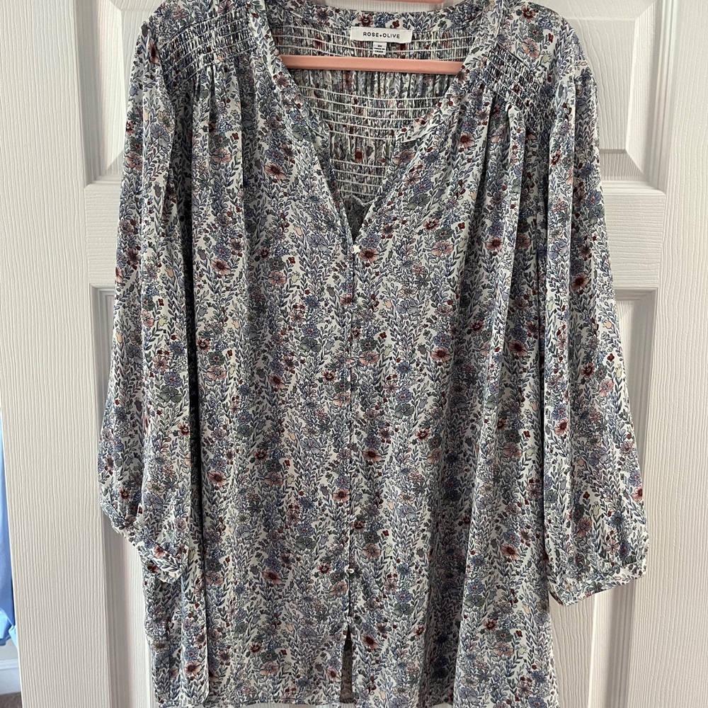 Rose & Olive Blue Floral Smocked Yoke Button-Front Blouse